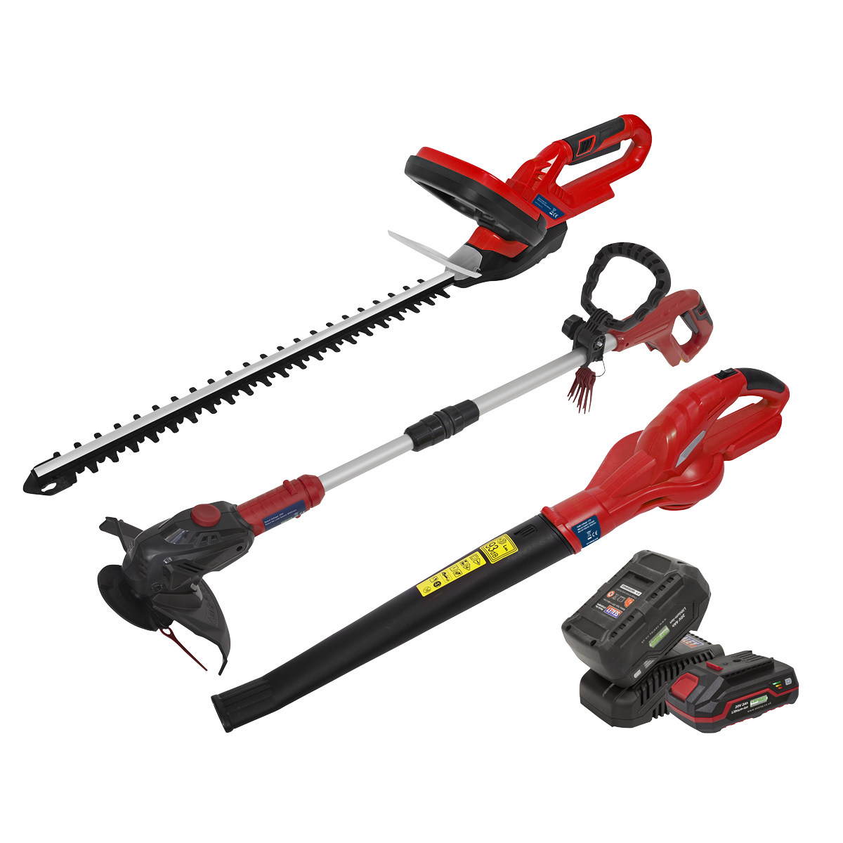 A Sealey 3 x 20V SV20 Series Garden Power Tool Kit - 2 Batteries (CP20VCOMBO6) in red and black, featuring a hedge trimmer, string trimmer, leaf blower, and battery with charger, is arranged on a white background. These cordless tools offer the convenience of a single battery that fits all.