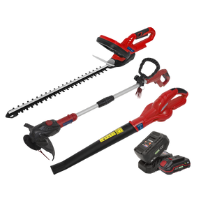 A Sealey 3 x 20V SV20 Series Garden Power Tool Kit - 2 Batteries (CP20VCOMBO6) in red and black, featuring a hedge trimmer, string trimmer, leaf blower, and battery with charger, is arranged on a white background. These cordless tools offer the convenience of a single battery that fits all.