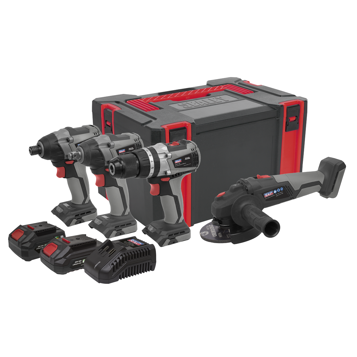 The Sealey 4 x 20V SV20 Series Brushless Tool Combo (CP20VCOMBOX1) includes three power drills, a grinder, two batteries, a charger, and a storage case with the one-battery-fits-all convenience.