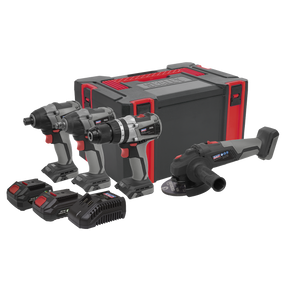 The Sealey 4 x 20V SV20 Series Brushless Tool Combo (CP20VCOMBOX1) includes three power drills, a grinder, two batteries, a charger, and a storage case with the one-battery-fits-all convenience.