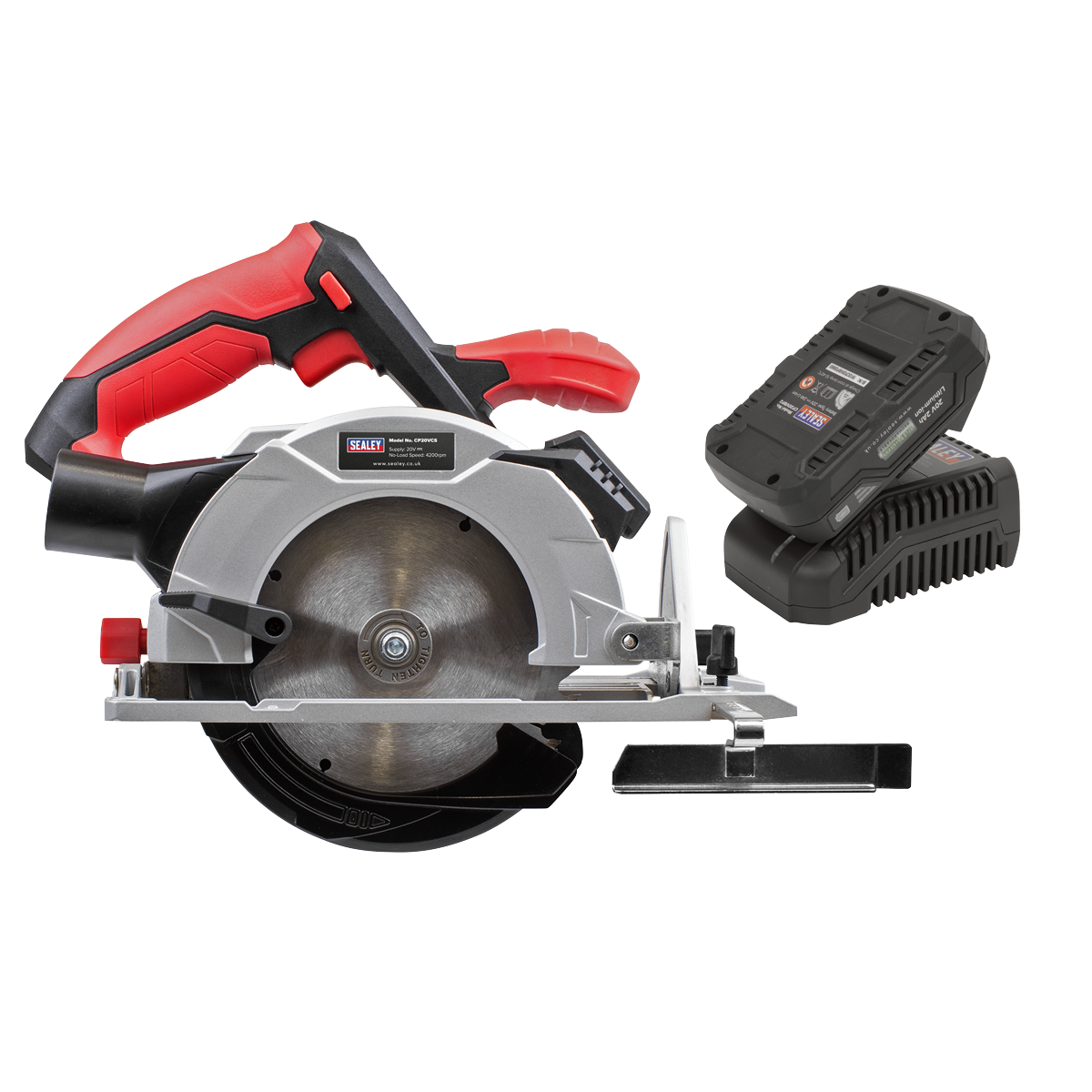 Sealey Circular Saw Kit 20V 2Ah SV20 Series Ø150mm (CP20VCSKIT1) featuring a red and black handle, shown alongside a battery pack and charger.