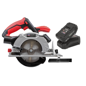 Sealey Circular Saw Kit 20V 2Ah SV20 Series Ø150mm (CP20VCSKIT1) featuring a red and black handle, shown alongside a battery pack and charger.
