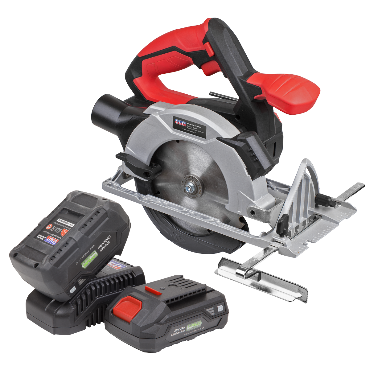 The Circular Saw Kit 20V SV20 Series Ø150mm by Sealey, model CP20VCSKIT, featuring a red and black handle, comes with two batteries and a battery charger – perfect for cutting wood efficiently.