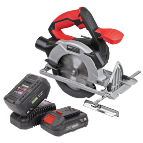 The Circular Saw Kit 20V SV20 Series Ø150mm by Sealey, model CP20VCSKIT, featuring a red and black handle, comes with two batteries and a battery charger – perfect for cutting wood efficiently.