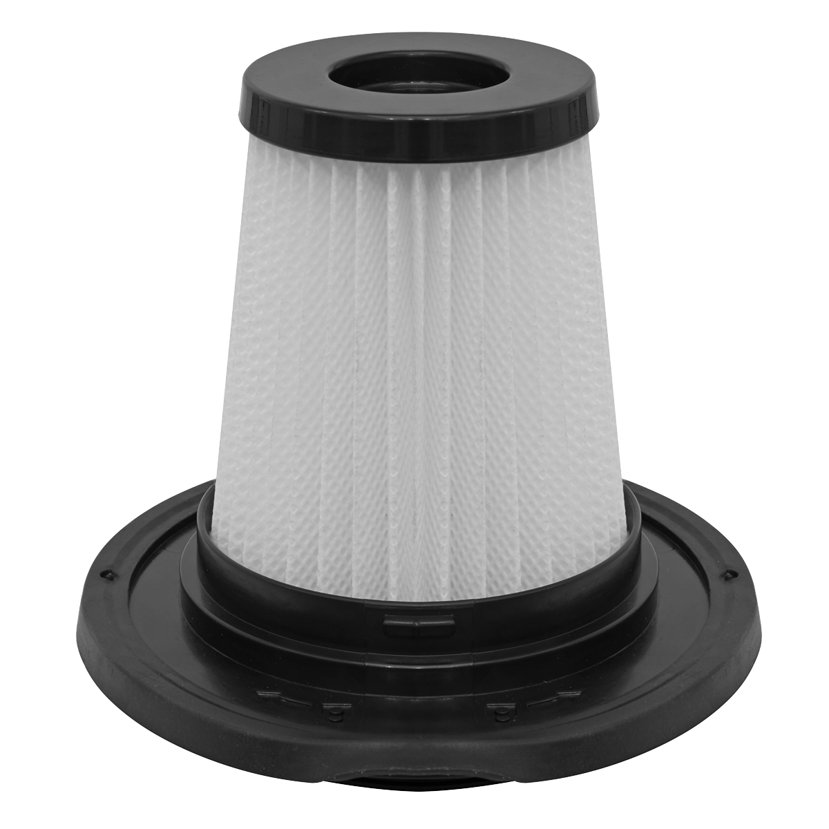 The Sealey Cloth Filter Cartridge for CP20VCV - CP20VCVCF is a cylindrical pleated filter with a black plastic base and top, designed for air filtration that fits seamlessly into the CP20VCV Vacuum Cleaner.