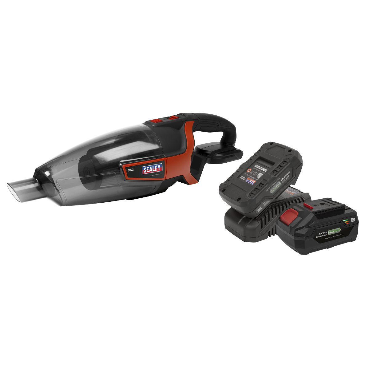 The Sealey Cordless Handheld Vacuum Cleaner 650ml 20V SV20 Series Kit - 2 Batteries (Model: CP20VCVKIT) is displayed, featuring a clear dust container, black and red accents, and shown alongside a detachable SV20 Series power tool battery and charging base.