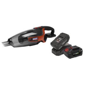 The Sealey Cordless Handheld Vacuum Cleaner 650ml 20V SV20 Series Kit - 2 Batteries (Model: CP20VCVKIT) is displayed, featuring a clear dust container, black and red accents, and shown alongside a detachable SV20 Series power tool battery and charging base.
