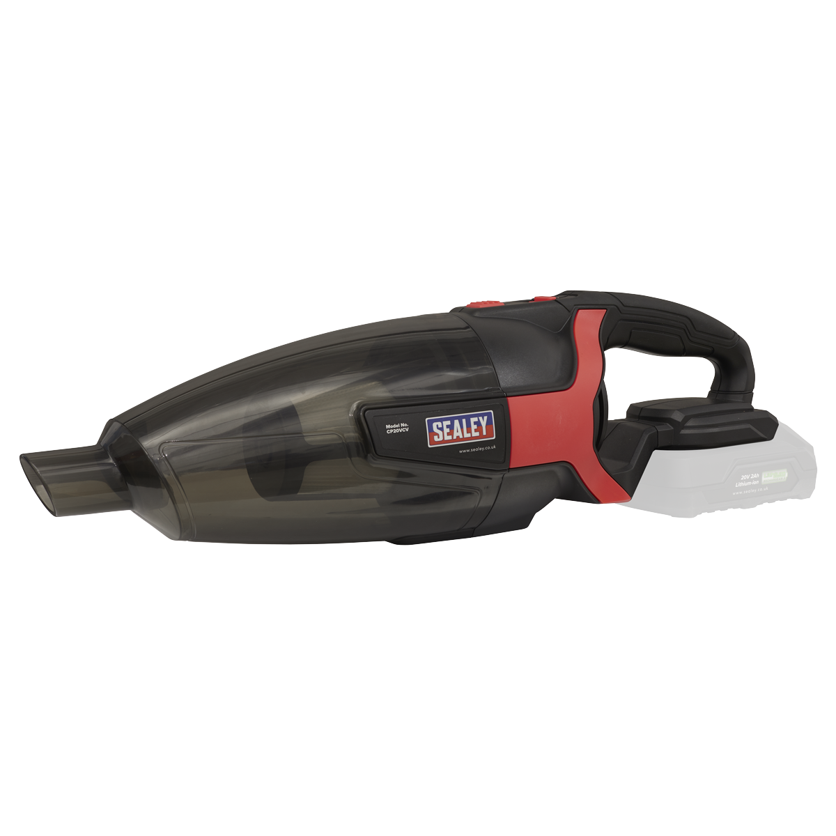 The Sealey Cordless Handheld Vacuum Cleaner 650ml 20V SV20 Series - CP20VCV, featuring a sleek black and red design, includes a 4-piece accessory pack for versatile cleaning.