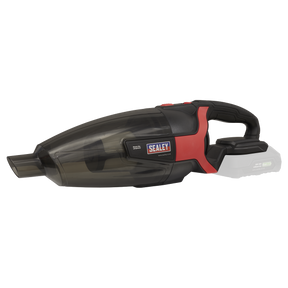 The Sealey Cordless Handheld Vacuum Cleaner 650ml 20V SV20 Series - CP20VCV, featuring a sleek black and red design, includes a 4-piece accessory pack for versatile cleaning.