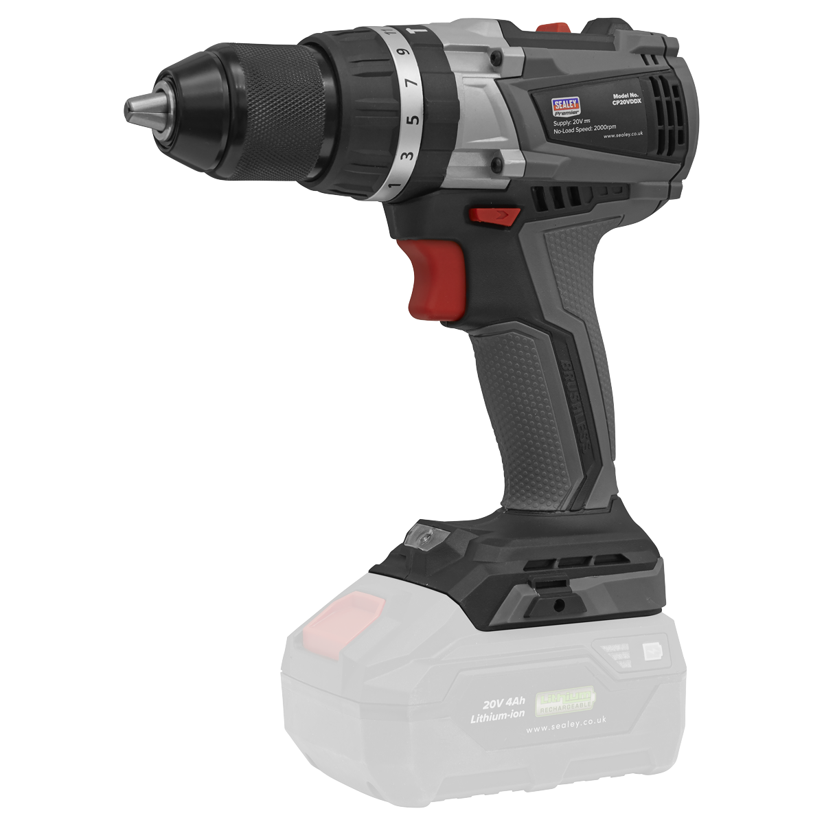 The Sealey Brushless Combi Drill Ø13mm 20V SV20 Series - Body Only (CP20VDDX) features a black and silver body with a red trigger switch and is powered by a 20V 4Ah lithium-ion battery. This cordless power tool includes a brushless motor for enhanced efficiency.