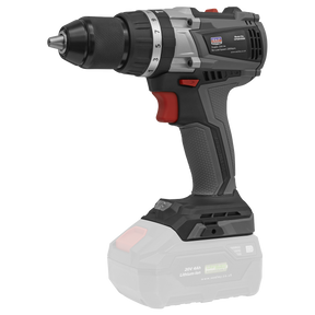The Sealey Brushless Combi Drill Ø13mm 20V SV20 Series - Body Only (CP20VDDX) features a black and silver body with a red trigger switch and is powered by a 20V 4Ah lithium-ion battery. This cordless power tool includes a brushless motor for enhanced efficiency.