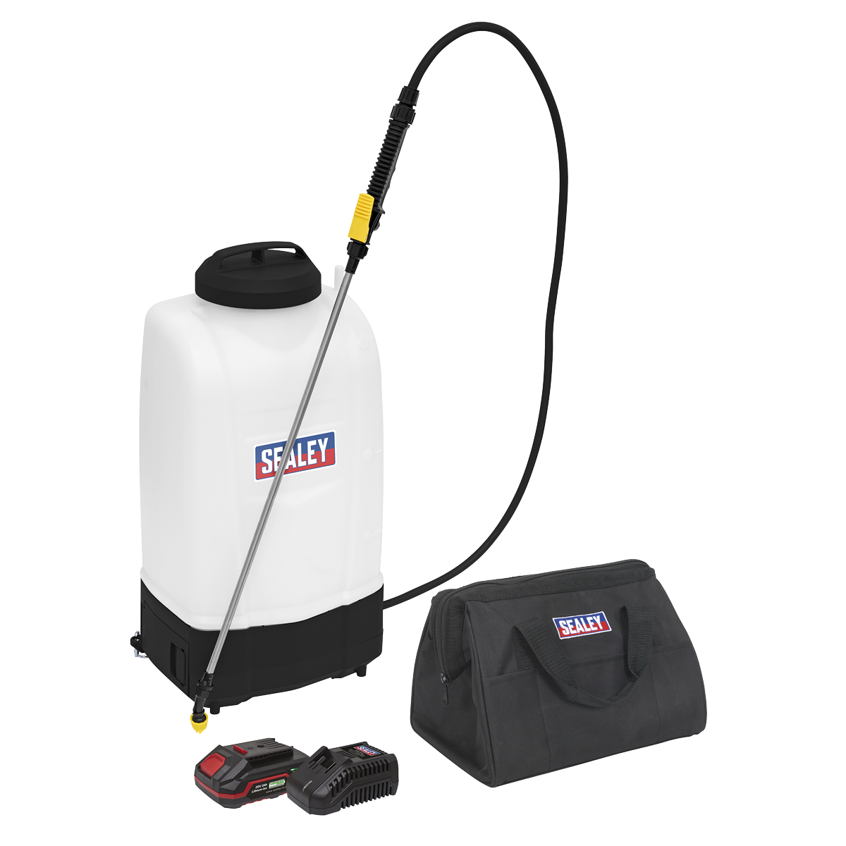 A Sealey Cordless Garden Backpack Sprayer 15L 20V 2Ah SV20 Series - CP20VGBSKIT1, complete with a spray wand, battery pack, charger, and carrying bag, displayed against a white background.