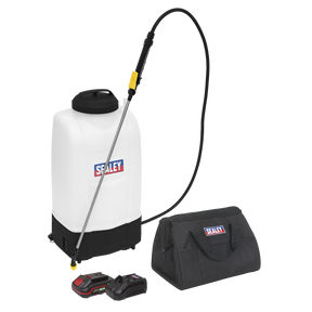 A Sealey Cordless Garden Backpack Sprayer 15L 20V 2Ah SV20 Series - CP20VGBSKIT1, complete with a spray wand, battery pack, charger, and carrying bag, displayed against a white background.