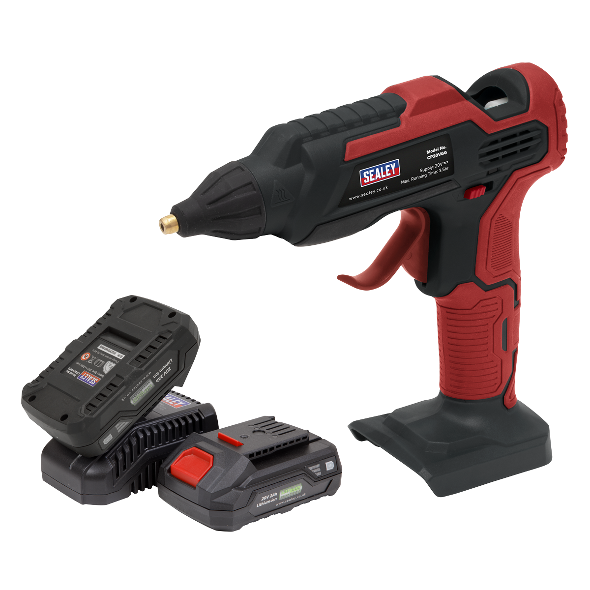 The Cordless Glue Gun Kit 20V SV20 Series by Sealey features a red and black body design, shown with two additional lithium-ion batteries and a charger. The brand "Sealey" is clearly visible on the gun, which is part of the SV20 Series.