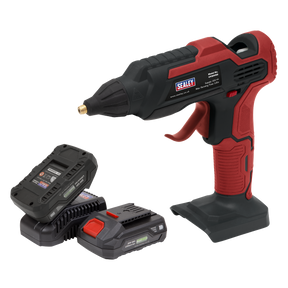 The Cordless Glue Gun Kit 20V SV20 Series by Sealey features a red and black body design, shown with two additional lithium-ion batteries and a charger. The brand "Sealey" is clearly visible on the gun, which is part of the SV20 Series.