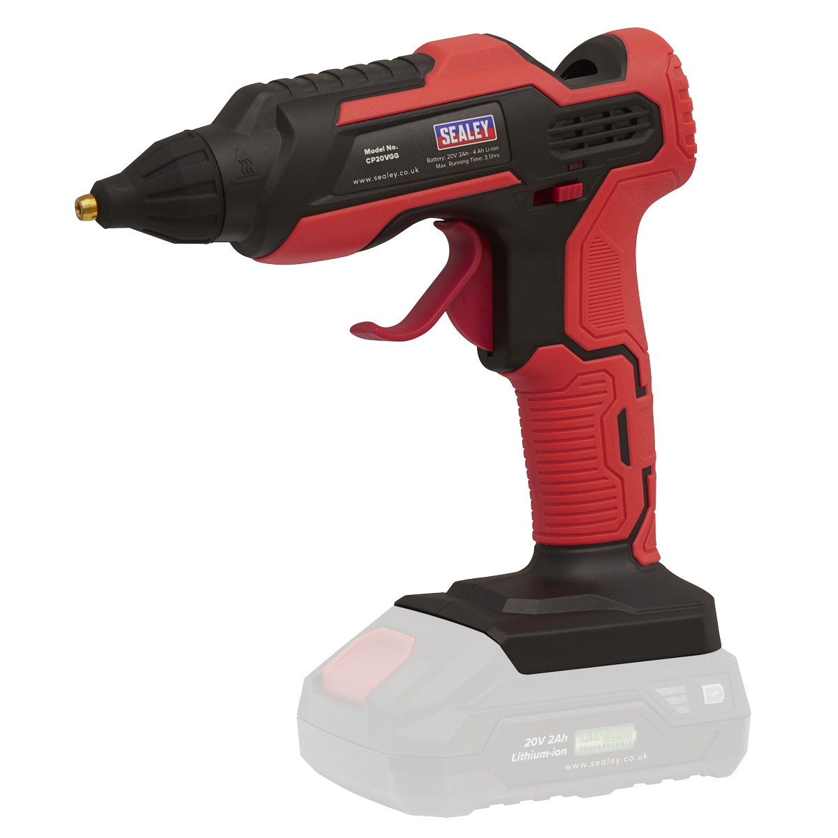 A Cordless Glue Gun 20V SV20 Series - Body Only (CP20VGG) by Sealey, featuring a red and black design and powered by a robust 20V lithium-ion battery pack.