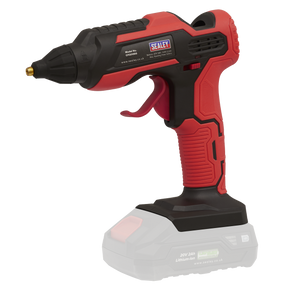 A Cordless Glue Gun 20V SV20 Series - Body Only (CP20VGG) by Sealey, featuring a red and black design and powered by a robust 20V lithium-ion battery pack.