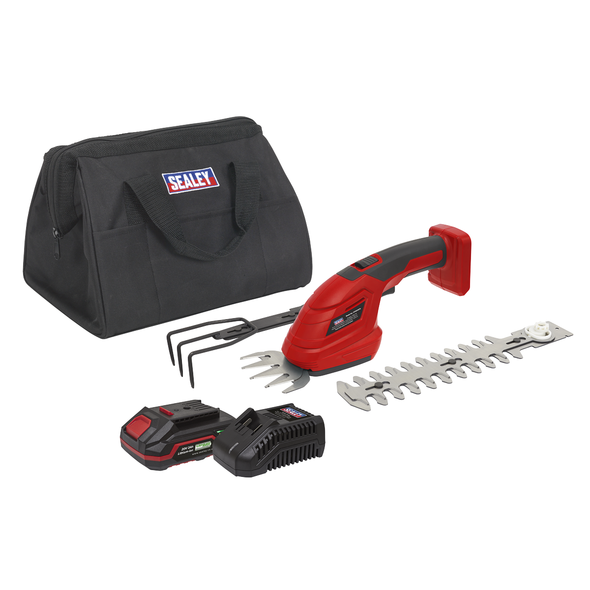 A Sealey Cordless 3-in-1 Garden Tool Kit 20V 2Ah from the SV20 Series (model number CP20VGT3KIT1), featuring a red and black hedge trimmer with interchangeable blades, a battery pack, a charger, and a black carrying bag.