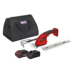 A Sealey Cordless 3-in-1 Garden Tool Kit 20V 2Ah from the SV20 Series (model number CP20VGT3KIT1), featuring a red and black hedge trimmer with interchangeable blades, a battery pack, a charger, and a black carrying bag.