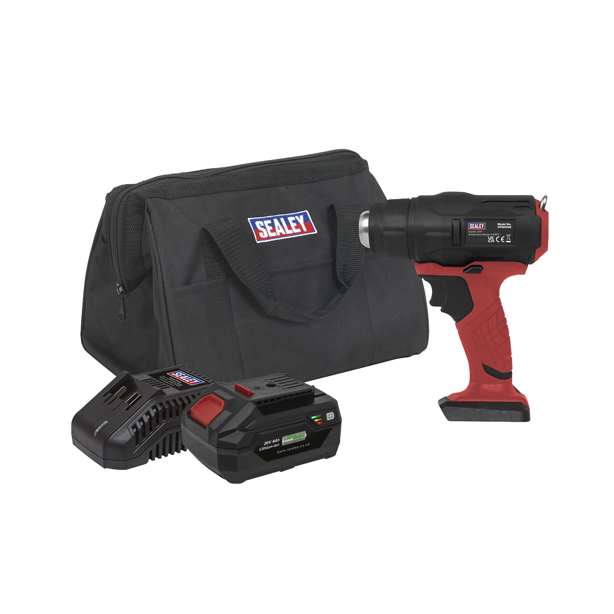 A cordless red and black hot air gun kit, the Cordless Hot Air Gun Kit 20V SV20 Series - CP20VHGKIT from Sealey, includes a charging base, a rechargeable lithium-ion battery, and a black carrying case labeled "Sealey.