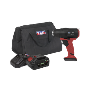 A cordless red and black hot air gun kit, the Cordless Hot Air Gun Kit 20V SV20 Series - CP20VHGKIT from Sealey, includes a charging base, a rechargeable lithium-ion battery, and a black carrying case labeled "Sealey.