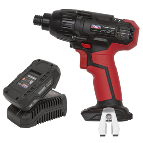 The Sealey Impact Driver Kit 1/4" Hex Drive 20V 2Ah from the SV20 Series (CP20VIDKIT1) in red and black is placed next to a battery pack and charger. The impact driver features an ergonomic handle and Sealey branding on the side, making it a standout addition to any toolkit.
