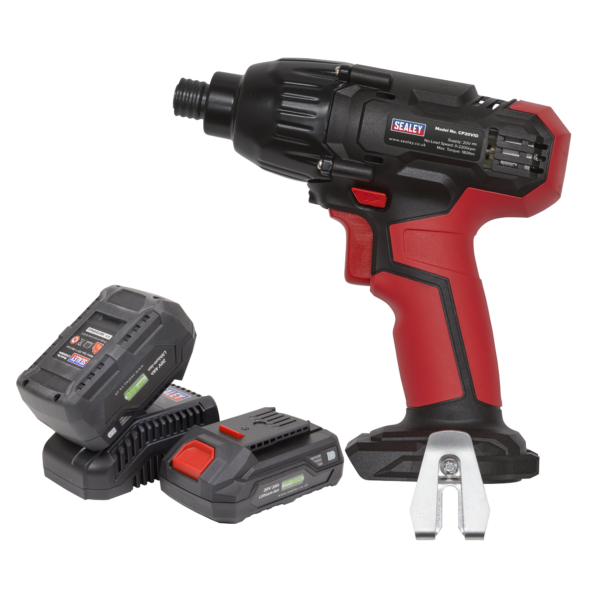 The Sealey Impact Driver Kit 1/4" Hex Drive 20V SV20 Series, featuring two lithium-ion battery packs and a charging dock, offers reliable power and extended usage time for all your drilling needs.