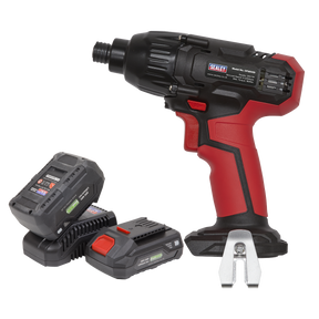 The Sealey Impact Driver Kit 1/4" Hex Drive 20V SV20 Series, featuring two lithium-ion battery packs and a charging dock, offers reliable power and extended usage time for all your drilling needs.