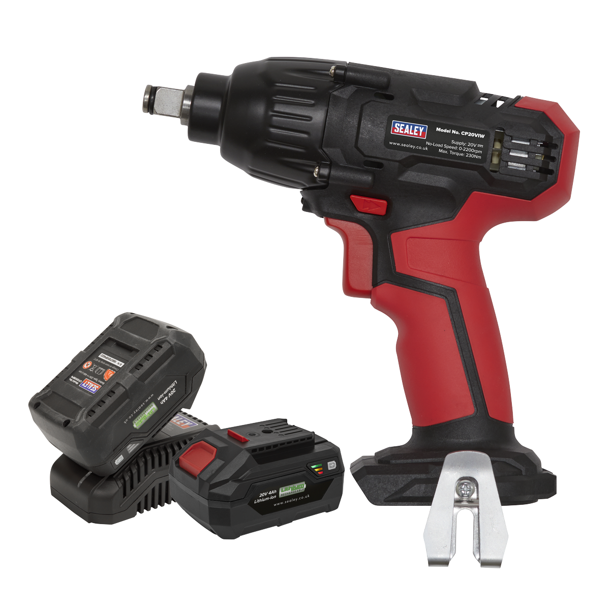 The Sealey Impact Wrench 20V SV20 Series 1/2" Sq Drive - CP20VIWKIT comes with a red and black handle, two lithium-ion battery packs, and a metal hook attachment.