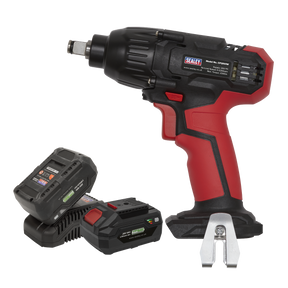 The Sealey Impact Wrench 20V SV20 Series 1/2" Sq Drive - CP20VIWKIT comes with a red and black handle, two lithium-ion battery packs, and a metal hook attachment.