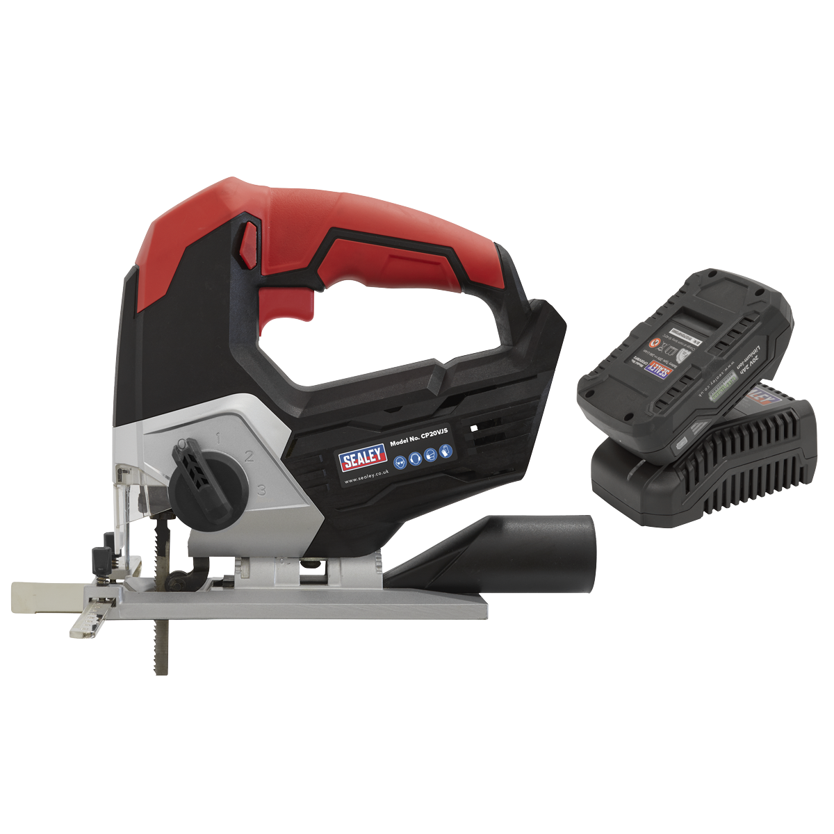 The Sealey Cordless Jigsaw Kit 20V 2Ah SV20 Series - CP20VJSKIT1, a red and black cordless jigsaw with variable speed control, includes a 20V battery pack and charger, all showcased on a white background.