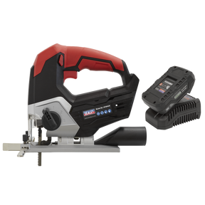 The Sealey Cordless Jigsaw Kit 20V 2Ah SV20 Series - CP20VJSKIT1, a red and black cordless jigsaw with variable speed control, includes a 20V battery pack and charger, all showcased on a white background.