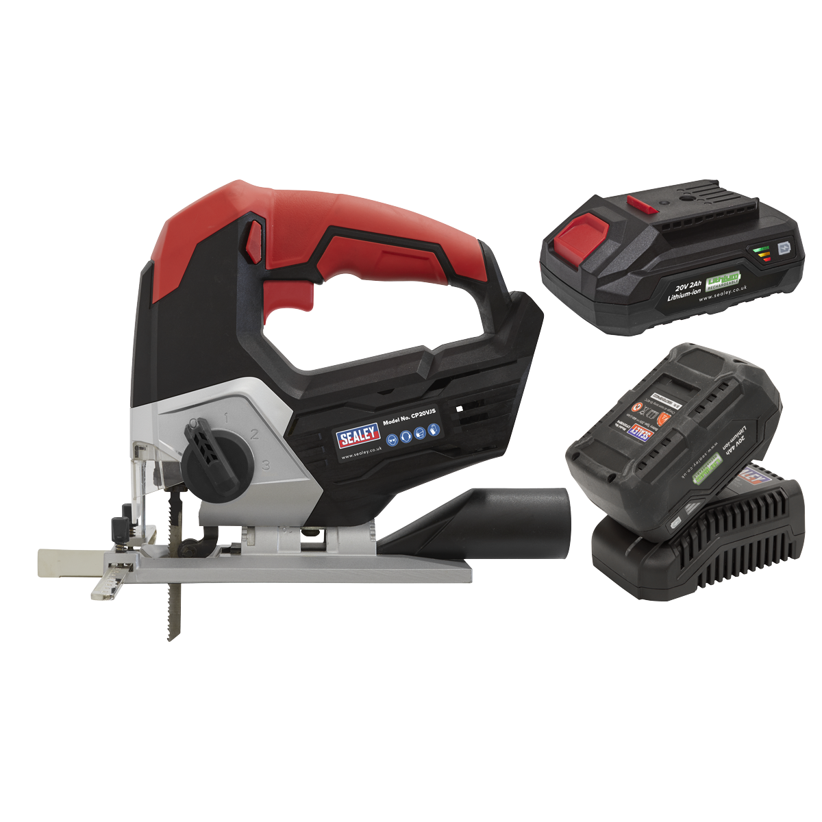 Image of the Sealey Cordless Jigsaw Kit 20V SV20 Series (CP20VJSKIT) featuring a red and black handle, accompanied by two power tool batteries and a charger.