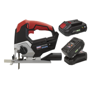 Image of the Sealey Cordless Jigsaw Kit 20V SV20 Series (CP20VJSKIT) featuring a red and black handle, accompanied by two power tool batteries and a charger.