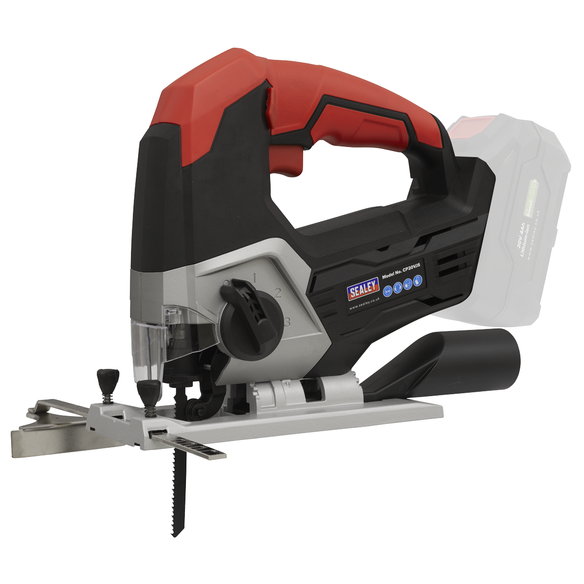 The Sealey Cordless Jigsaw 20V SV20 Series - Body Only - CP20VJS boasts a black and red design with a visible blade, adjustable base plate, ergonomic handle, and LED worklight for precision. Its variable speed control feature allows for customized cutting performance.