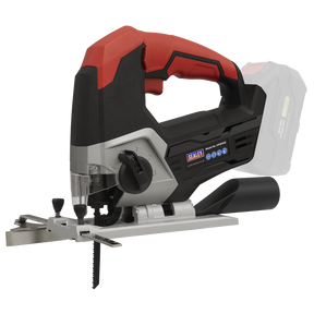 The Sealey Cordless Jigsaw 20V SV20 Series - Body Only - CP20VJS boasts a black and red design with a visible blade, adjustable base plate, ergonomic handle, and LED worklight for precision. Its variable speed control feature allows for customized cutting performance.