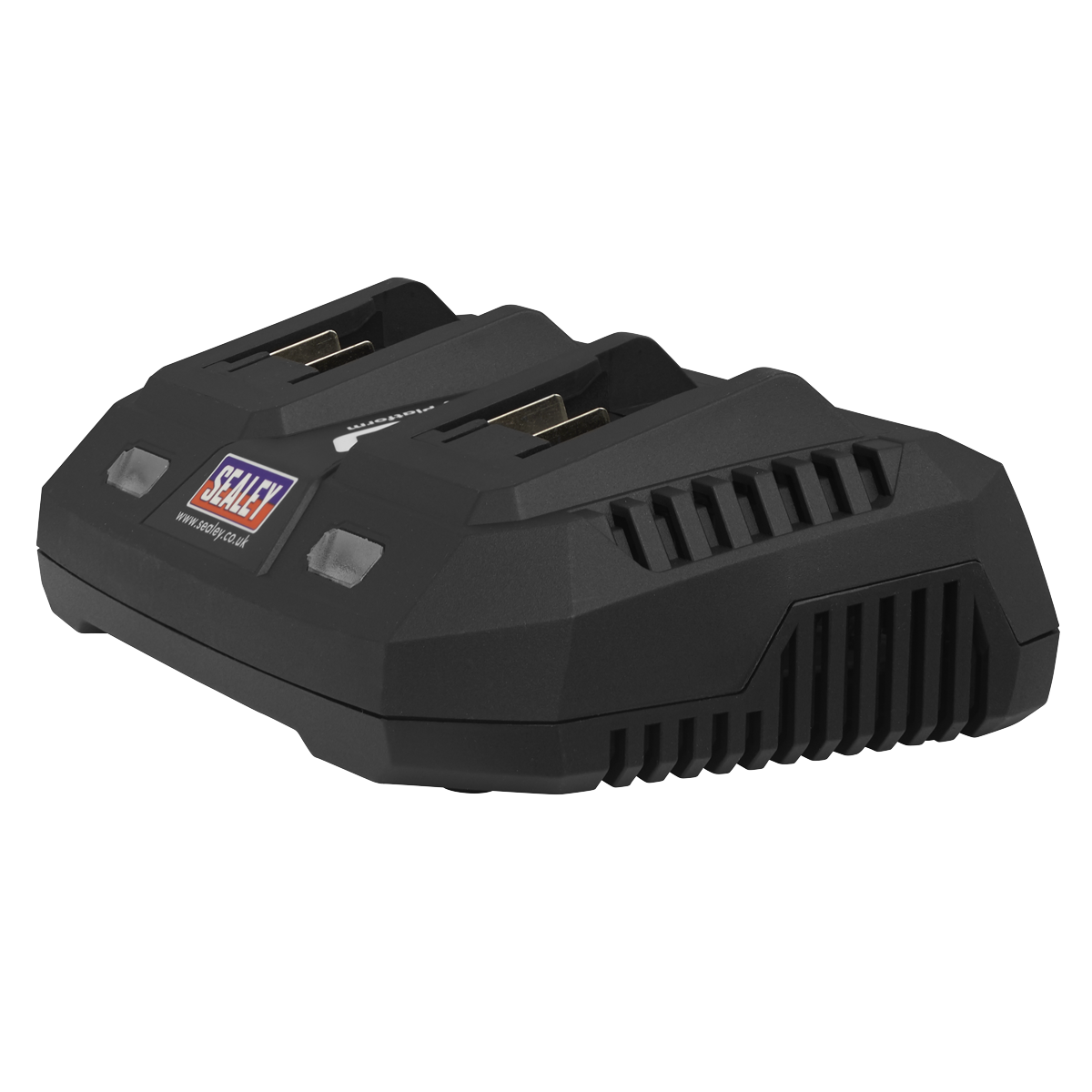 Sealey's Dual Battery Charger 20V SV20 Series Lithium-ion - CP20VMC2 offers a compact and rugged black design, perfect for SV20 Series power tool batteries.