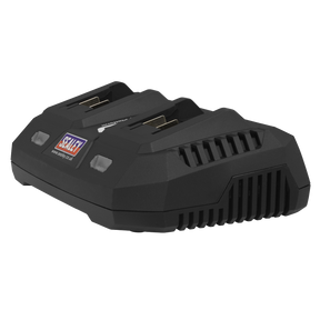 Sealey's Dual Battery Charger 20V SV20 Series Lithium-ion - CP20VMC2 offers a compact and rugged black design, perfect for SV20 Series power tool batteries.