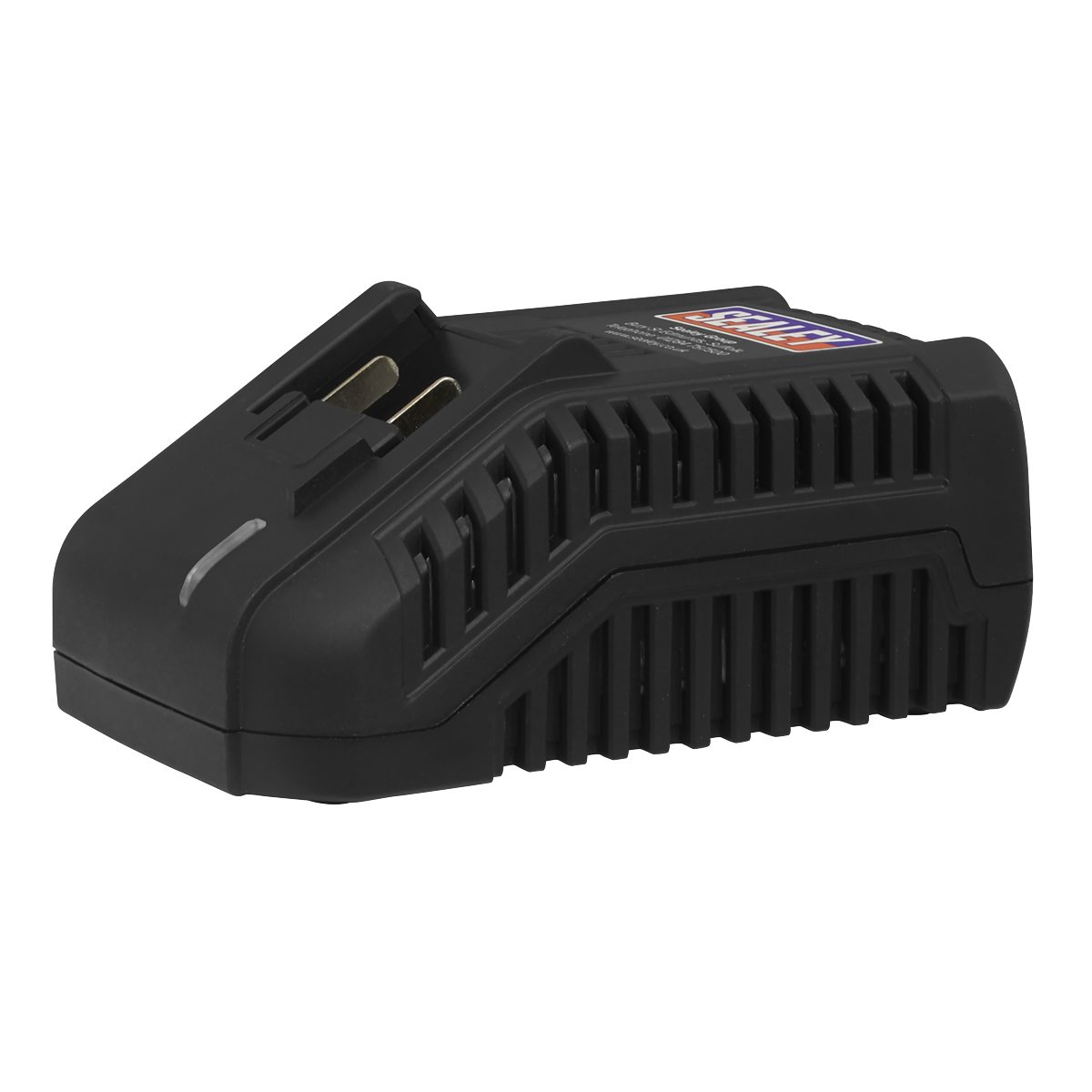 A Sealey CP20VGBSKIT1 cordless tool battery charger, black in color, featuring a ventilation design and a single slot for the battery, compatible with the SV20 Series.