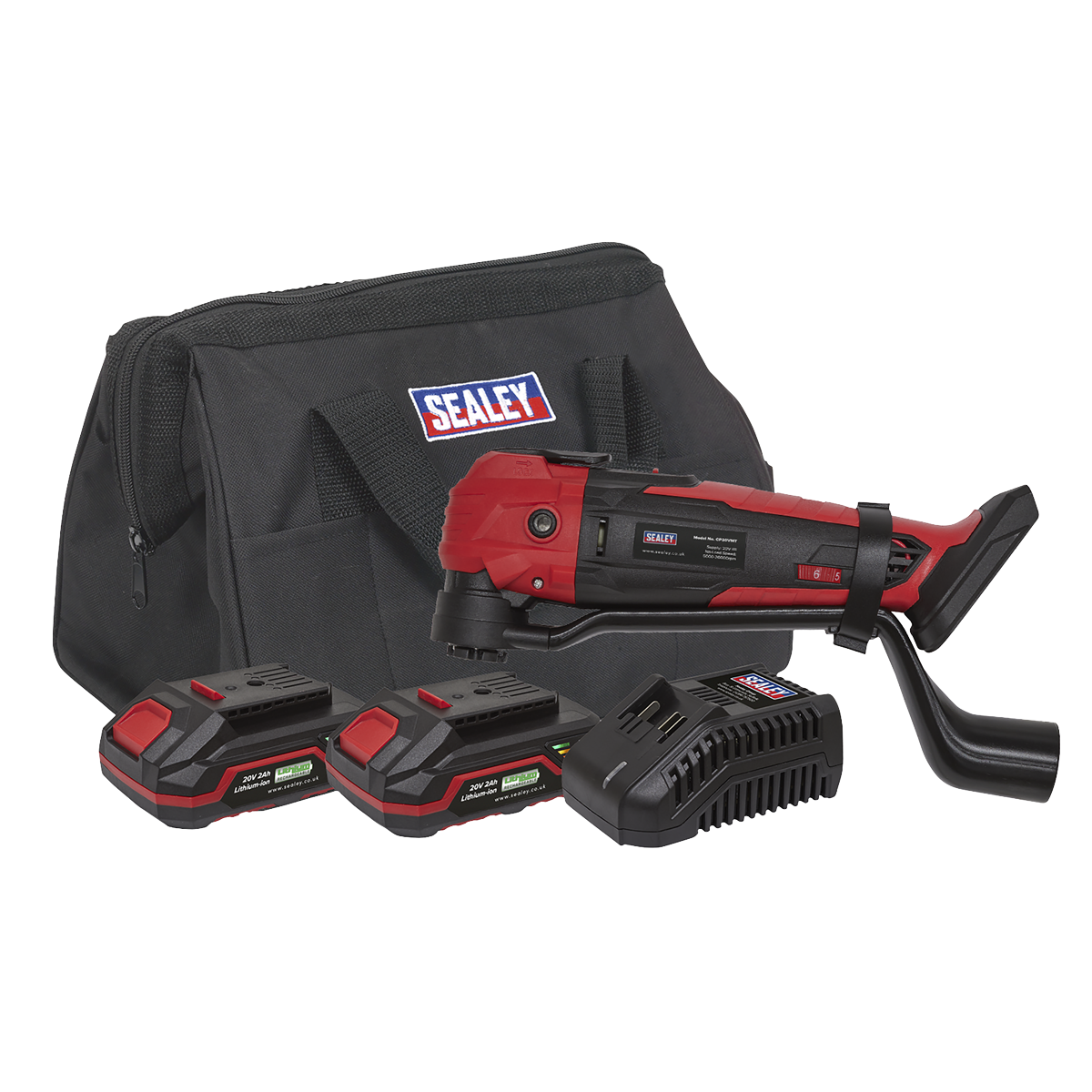 The Sealey Cordless Oscillating Multi-Tool Kit 20V SV20 Series (CP20VMTKIT) includes a red and black multi-tool, two lithium-ion batteries, a charger, and a black carrying bag.