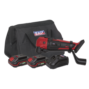 The Sealey Cordless Oscillating Multi-Tool Kit 20V SV20 Series (CP20VMTKIT) includes a red and black multi-tool, two lithium-ion batteries, a charger, and a black carrying bag.