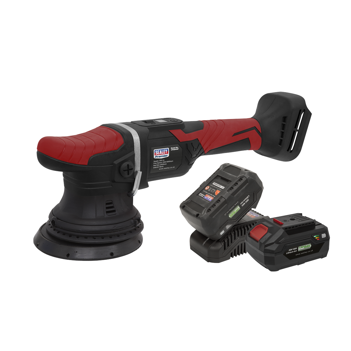 A red and black cordless orbital polisher from Sealey's SV20 Series, featuring two 20V Li-ion battery packs and a charger, displayed on a white background.