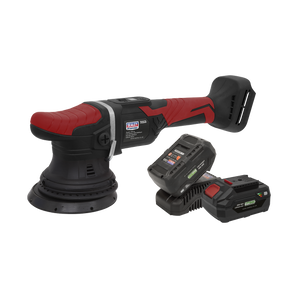 A red and black cordless orbital polisher from Sealey's SV20 Series, featuring two 20V Li-ion battery packs and a charger, displayed on a white background.