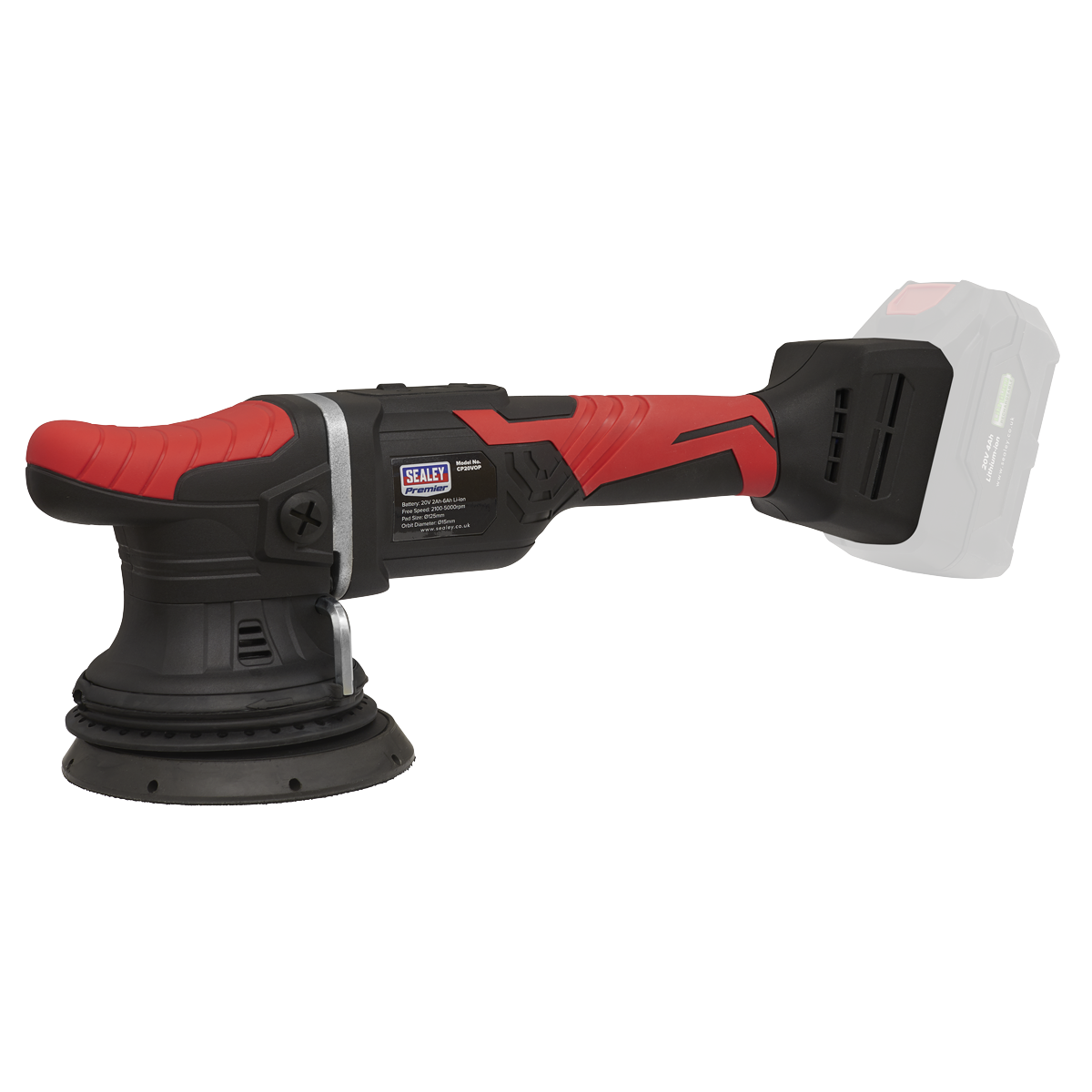 The Sealey CP20VOP Cordless Orbital Polisher Ø125mm from the SV20 Series is a red and black unit with an ergonomic handle, a 15mm orbit, and a convenient battery slot at the end. This lithium-ion polisher also features variable speed control and is designed to be tilted to the right for ease of use.