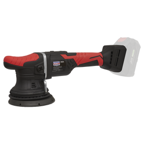 The Sealey CP20VOP Cordless Orbital Polisher Ø125mm from the SV20 Series is a red and black unit with an ergonomic handle, a 15mm orbit, and a convenient battery slot at the end. This lithium-ion polisher also features variable speed control and is designed to be tilted to the right for ease of use.