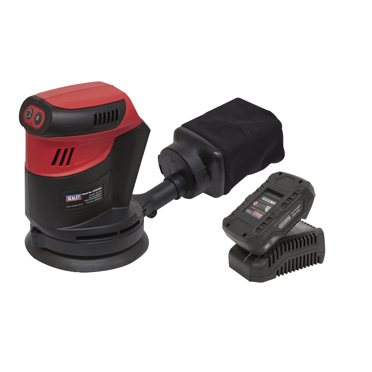 A Sealey Cordless Orbital Palm Sander Kit Ø125mm 20V 2Ah SV20 Series - CP20VOSKIT1, featuring a red and black design with a dust bag attachment, rechargeable battery, and charging station, displayed on a white background.