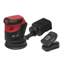 A Sealey Cordless Orbital Palm Sander Kit Ø125mm 20V 2Ah SV20 Series - CP20VOSKIT1, featuring a red and black design with a dust bag attachment, rechargeable battery, and charging station, displayed on a white background.