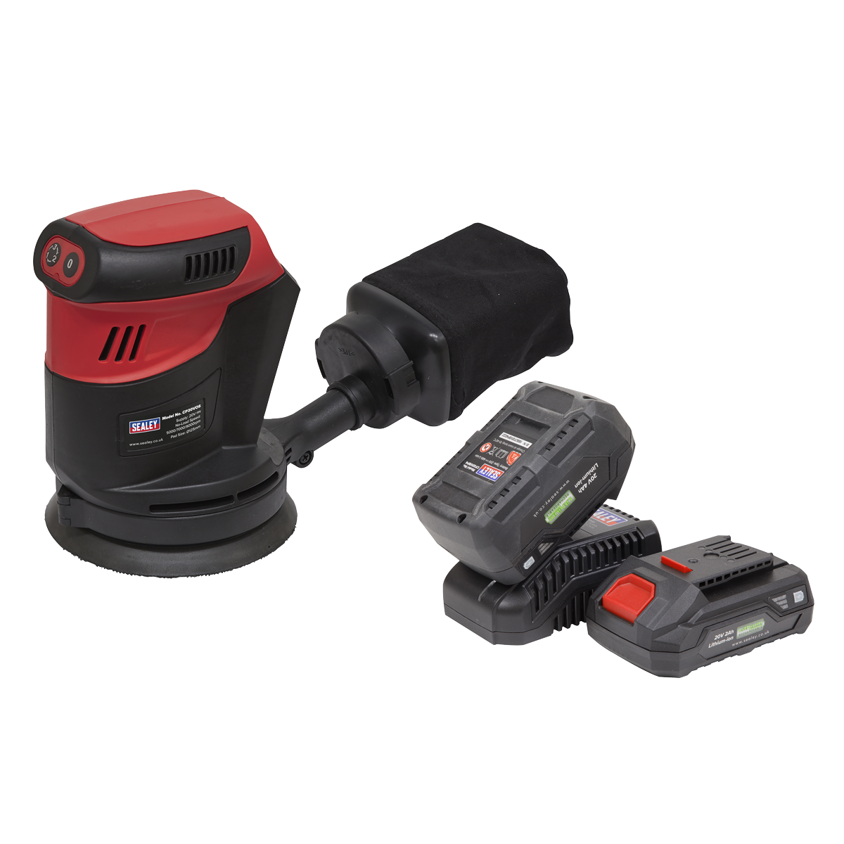 A Sealey Cordless Orbital Palm Sander Kit Ø125mm 20V SV20 Series, model CP20VOSKIT, is shown in red and black with a dust collection bag, accompanied by two battery packs and a battery charger.