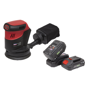 A Sealey Cordless Orbital Palm Sander Kit Ø125mm 20V SV20 Series, model CP20VOSKIT, is shown in red and black with a dust collection bag, accompanied by two battery packs and a battery charger.