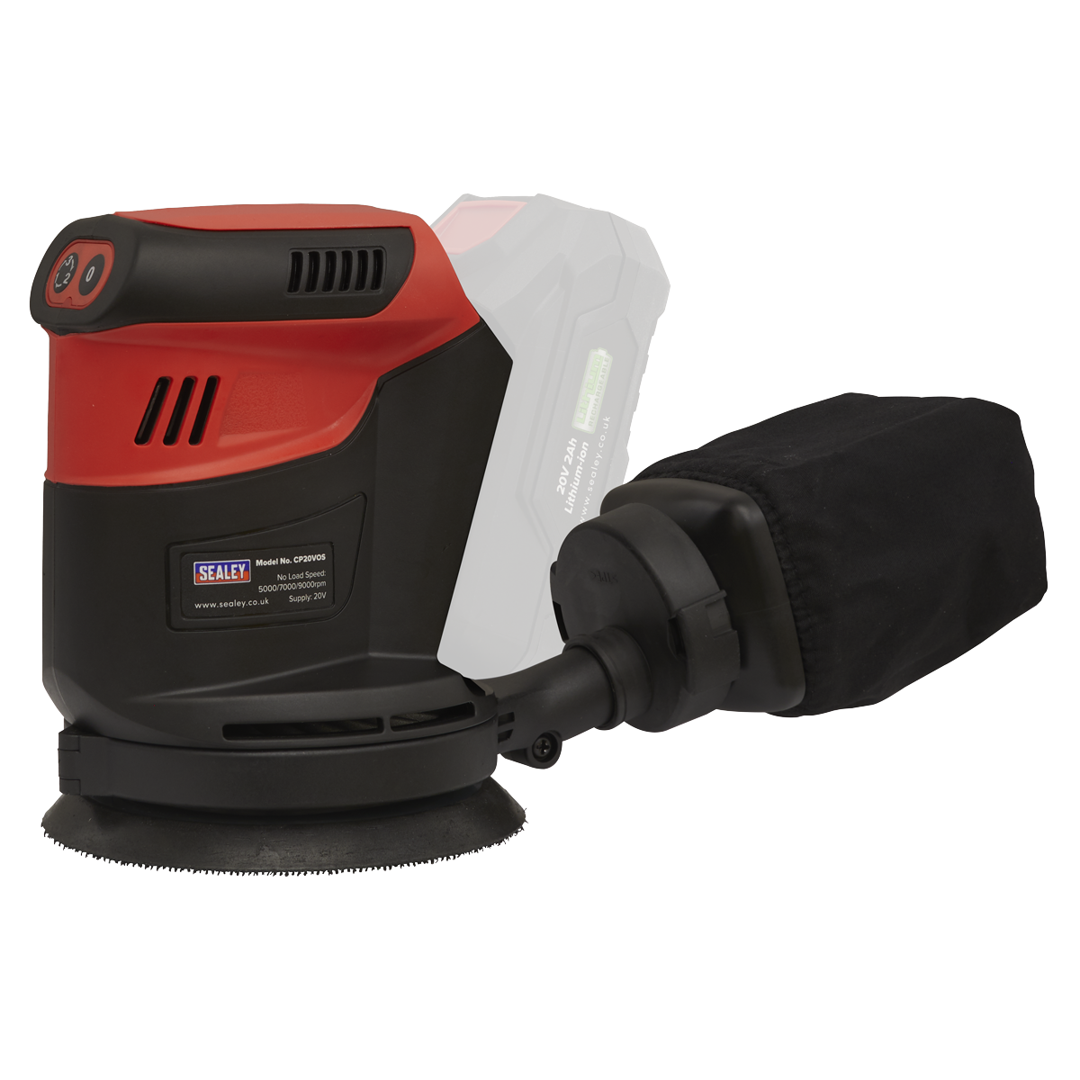 The Sealey Cordless Orbital Palm Sander Kit Ø125mm 20V 2Ah from the SV20 Series, model CP20VOSKIT1, features a red and black design. It includes a dust collection bag attached to the right side and has an empty battery slot visible at the rear.